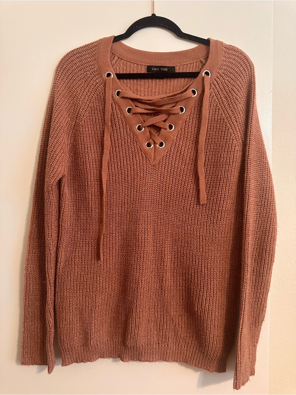 Love Tree Lace-Up V-Neck Knit Sweater in Rusty Brown